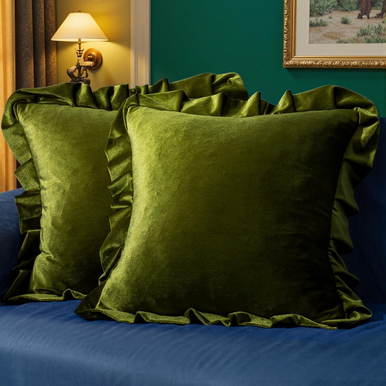 Olive Green Ruffled Velvet Pillow Covers