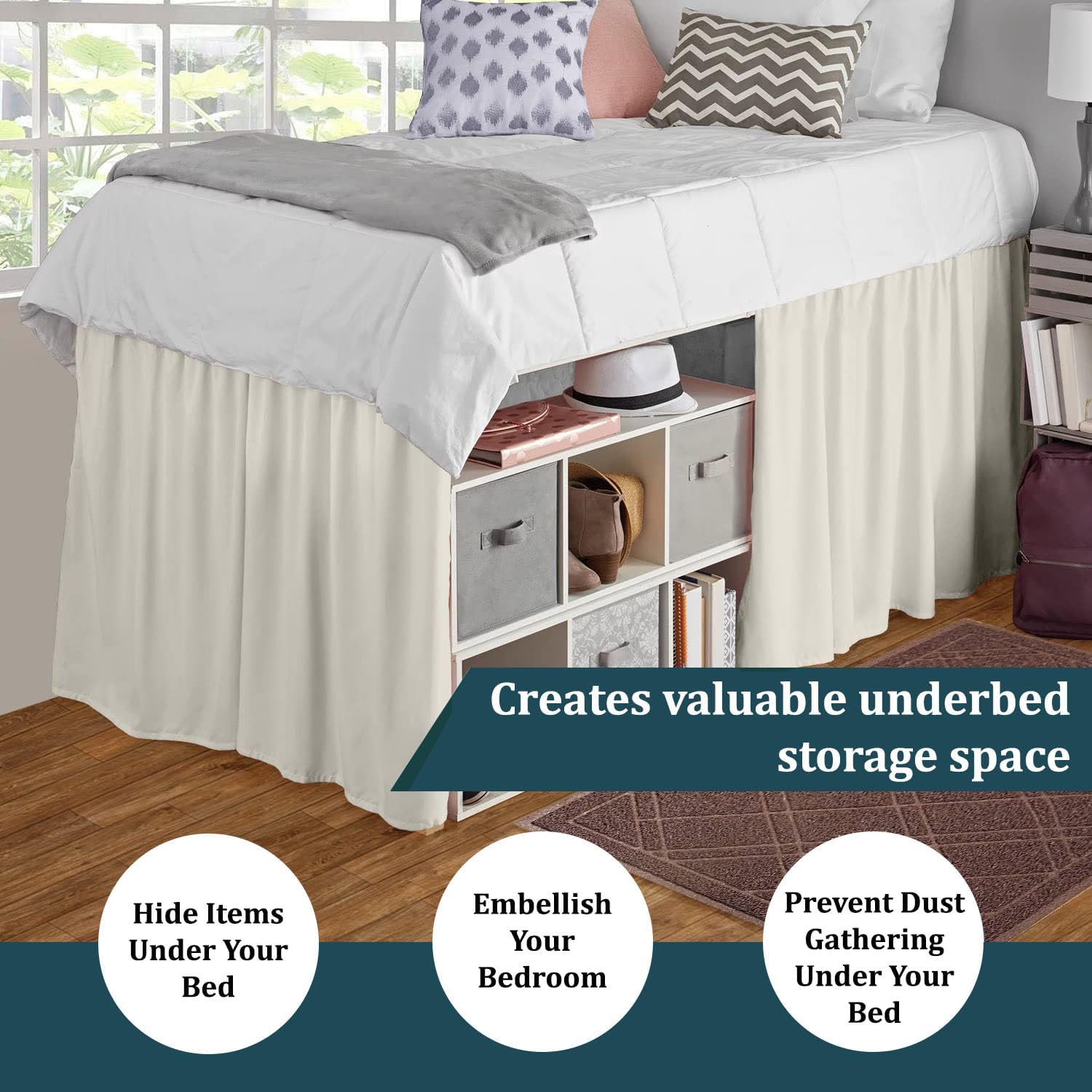 Ivory Twin XL Dorm Long Drop Bed Skirt