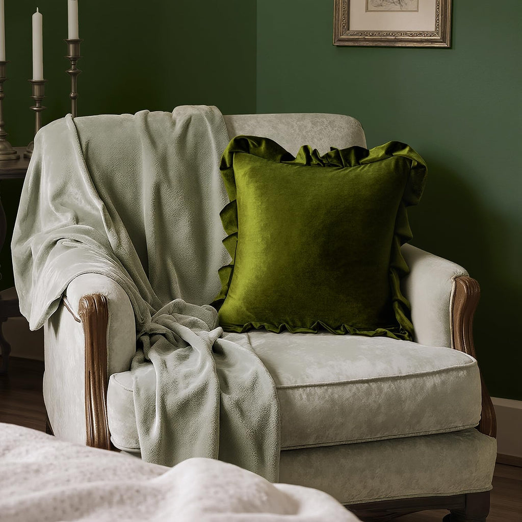 Olive Green Ruffled Velvet Pillow Covers