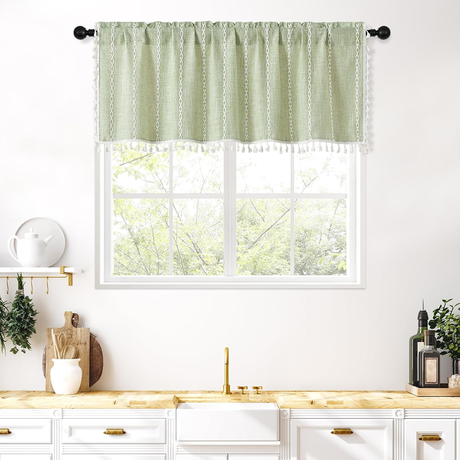Boho Linen Sage Green Window Valance Curtain