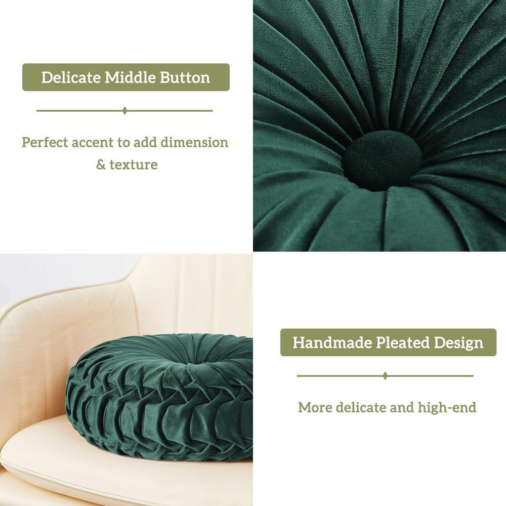Emerald Velvet Pleated Round Throw Pillows