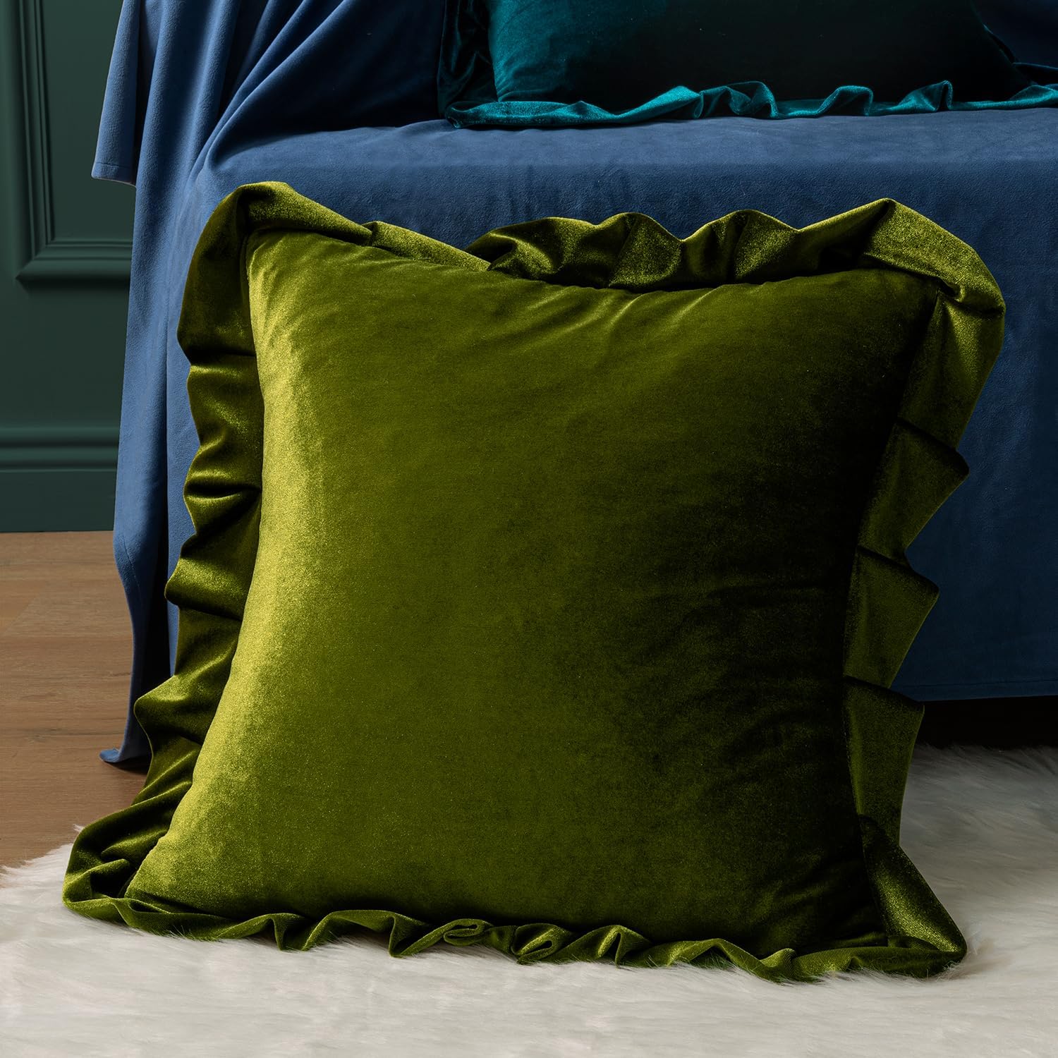 Olive Green Ruffled Velvet Pillow Covers