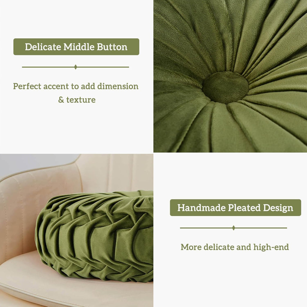 Olive Velvet Pleated Round Throw Pillows