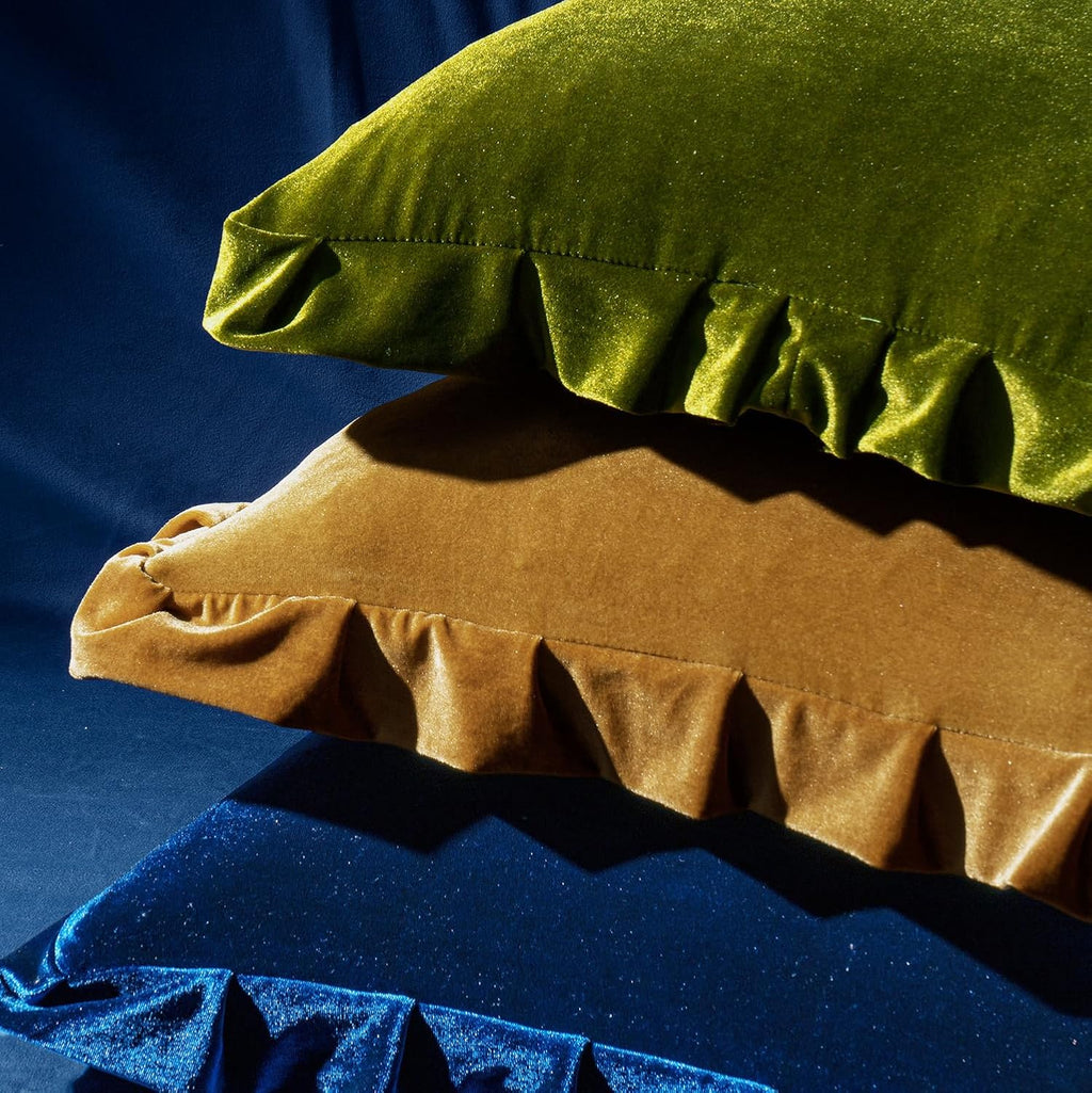 Olive Green Ruffled Velvet Pillow Covers