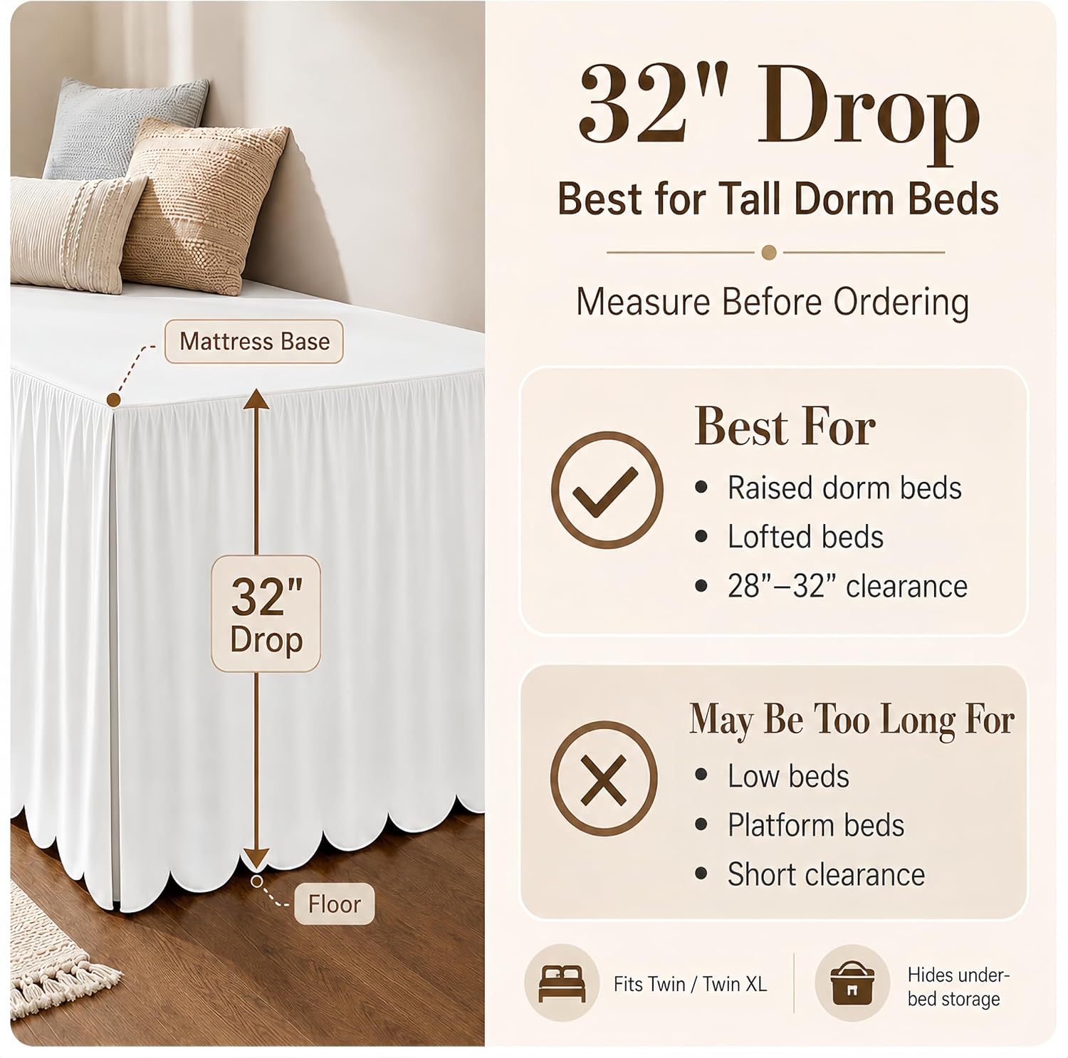 Scalloped Twin XL Dorm Drop Bed Skirt