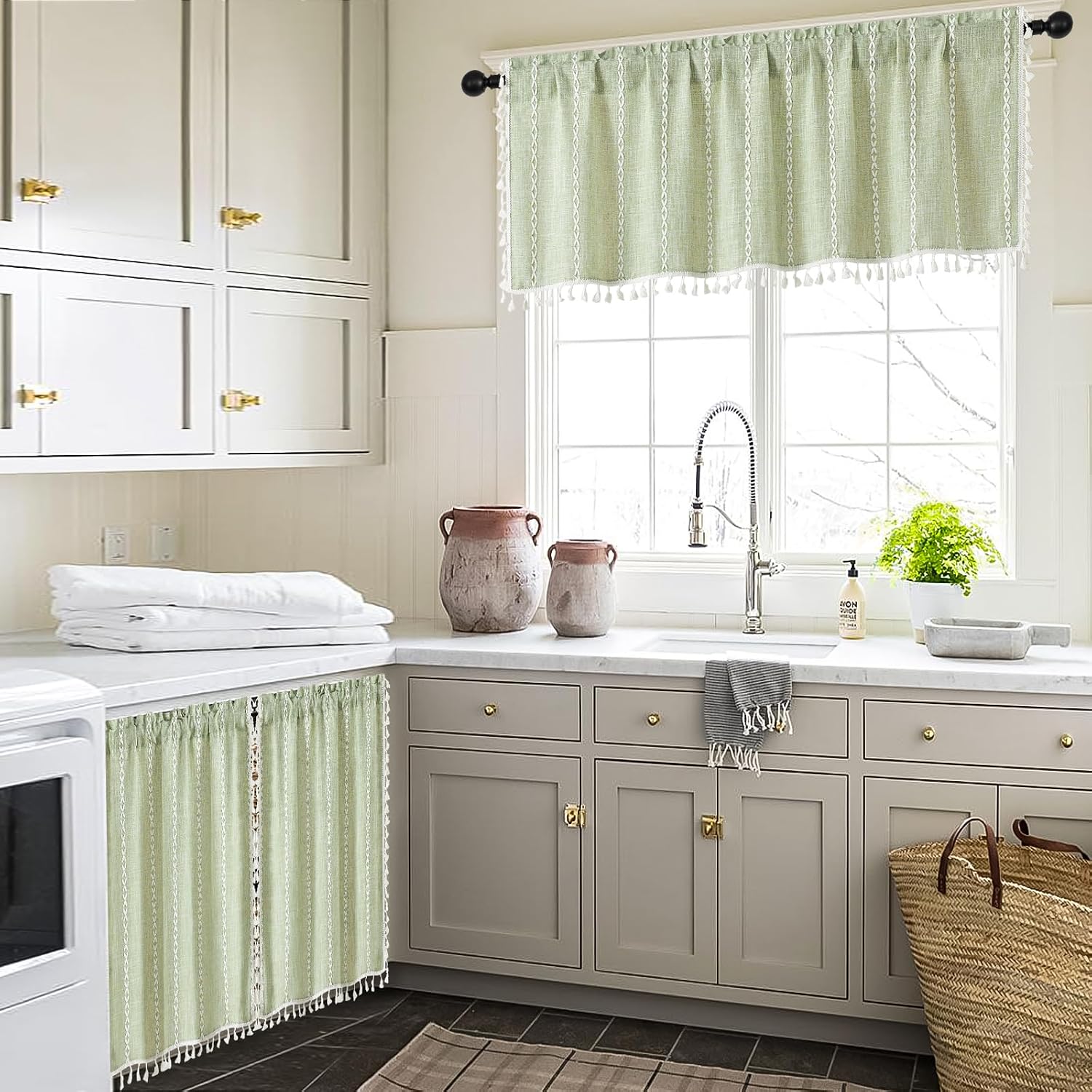 Boho Linen Sage Green Window Valance Curtain