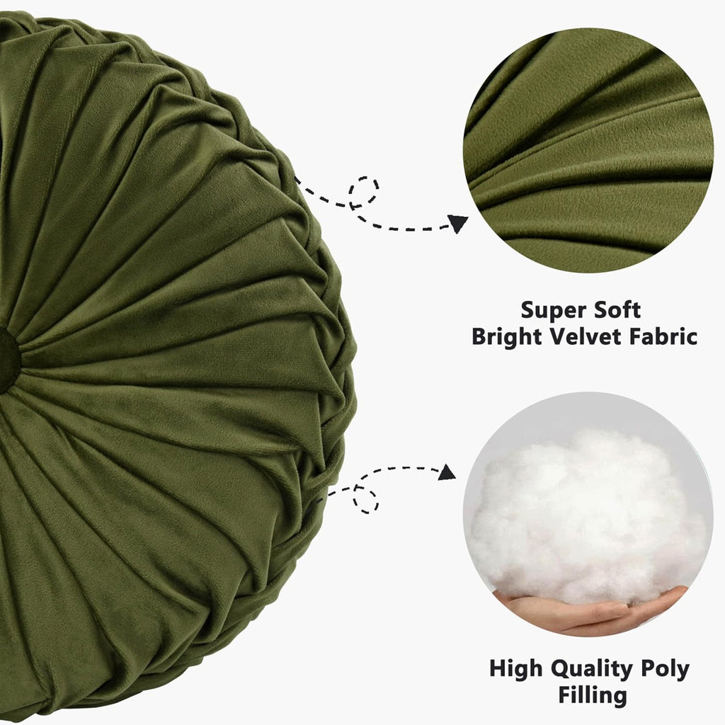 Olive Velvet Pleated Round Throw Pillows