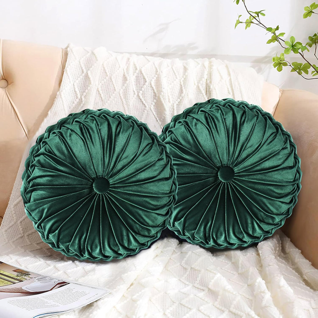 Emerald Velvet Pleated Round Throw Pillows