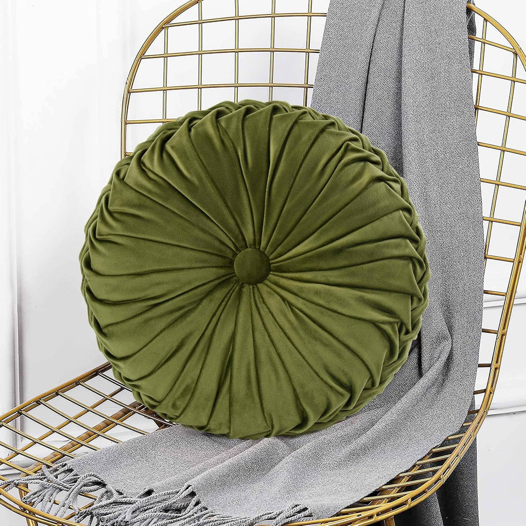 Olive Velvet Pleated Round Throw Pillows